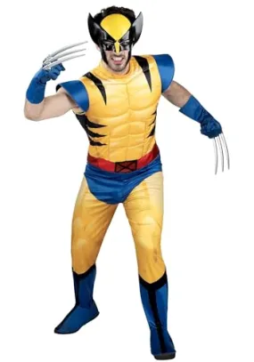 Jazwares Marvel Wolverine Adult Costume - Padded Jumpsuit, Detachable Claws, and Plastic Mask, Halloween Outfit - Officially Licensed X-Large Yellow