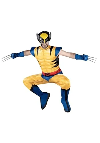 Jazwares Marvel Wolverine Adult Costume - Padded Jumpsuit, Detachable Claws, and Plastic Mask, Halloween Outfit - Officially Licensed X-Large Yellow