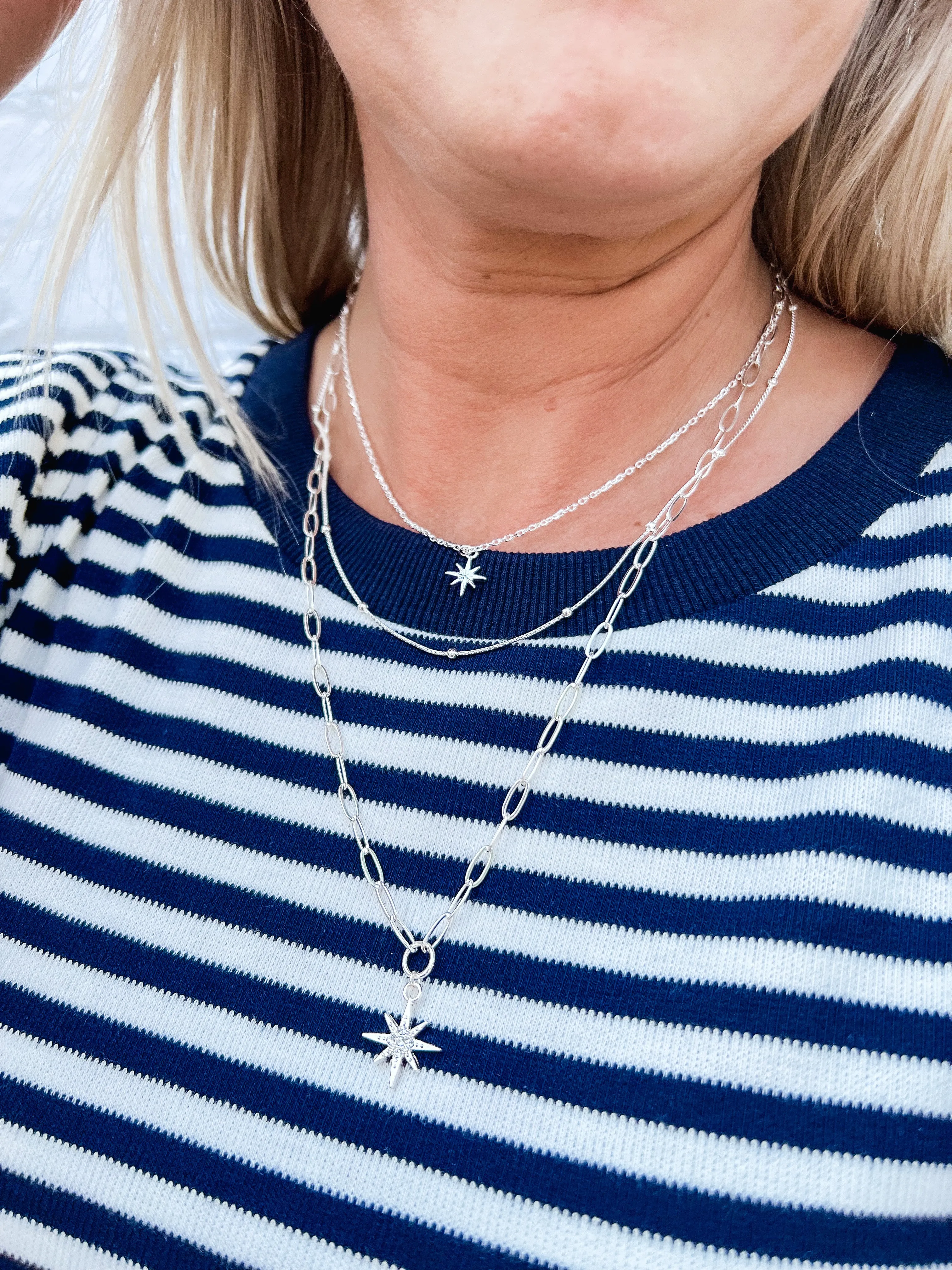 Kat Triple Layer Starburst Necklace, Silver