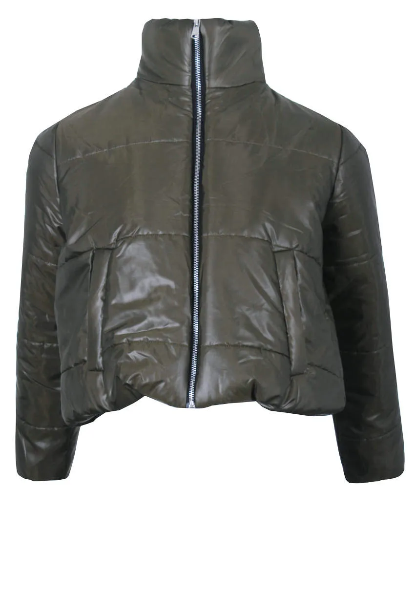 Khaki Wet Look Puffer Jacket