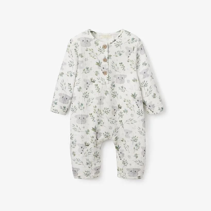Koala Print Organic Muslin Baby Jumpsuit