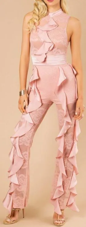 Lace Ruffle Jumpsuit, Pink