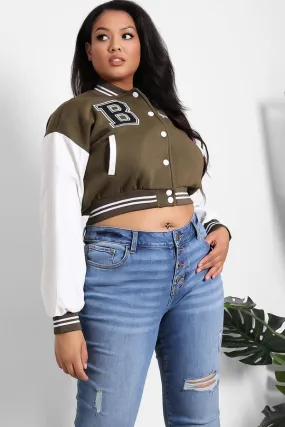 LEATHER LOOK SLEEVES CROPPED KHAKI VARSITY JACKET