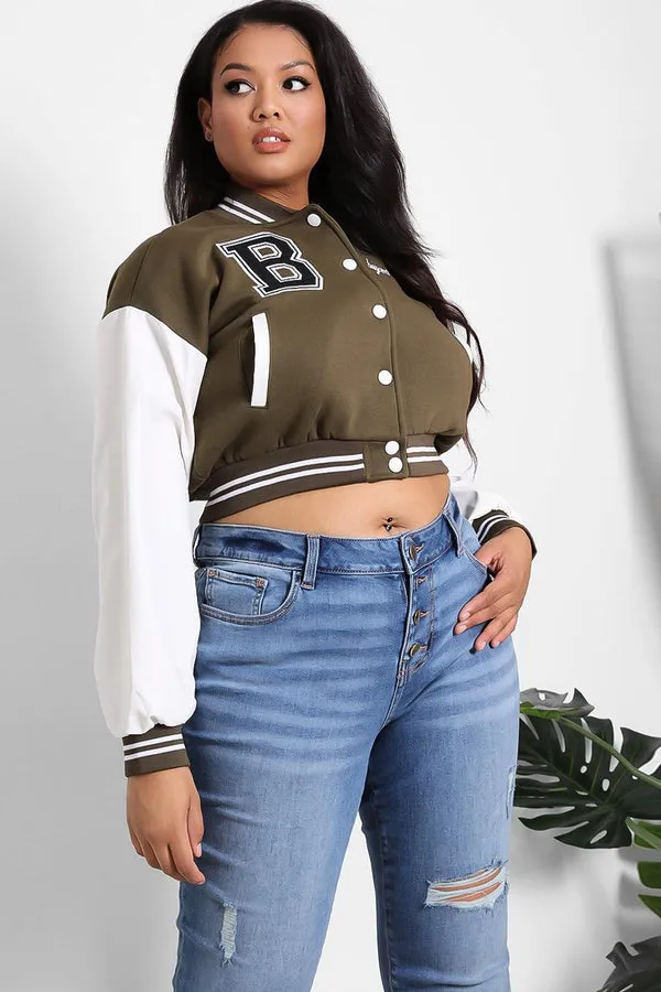 LEATHER LOOK SLEEVES CROPPED KHAKI VARSITY JACKET