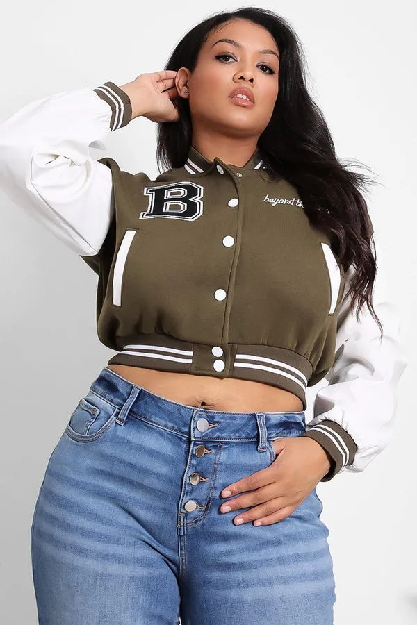 LEATHER LOOK SLEEVES CROPPED KHAKI VARSITY JACKET
