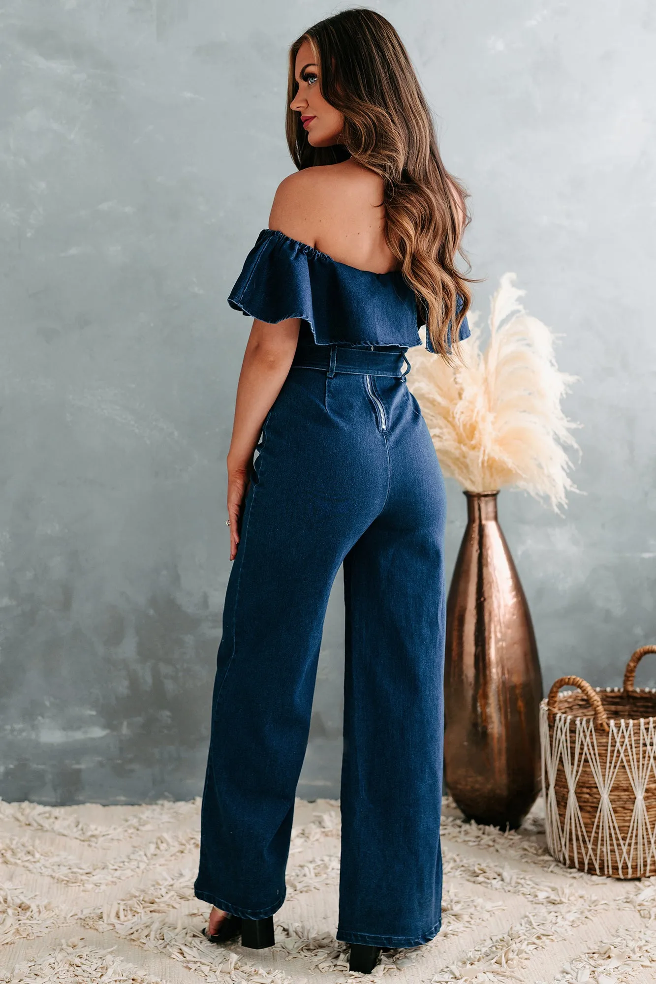 Lilly Off The Shoulder Ruffle Denim Jumpsuit (Indigo)
