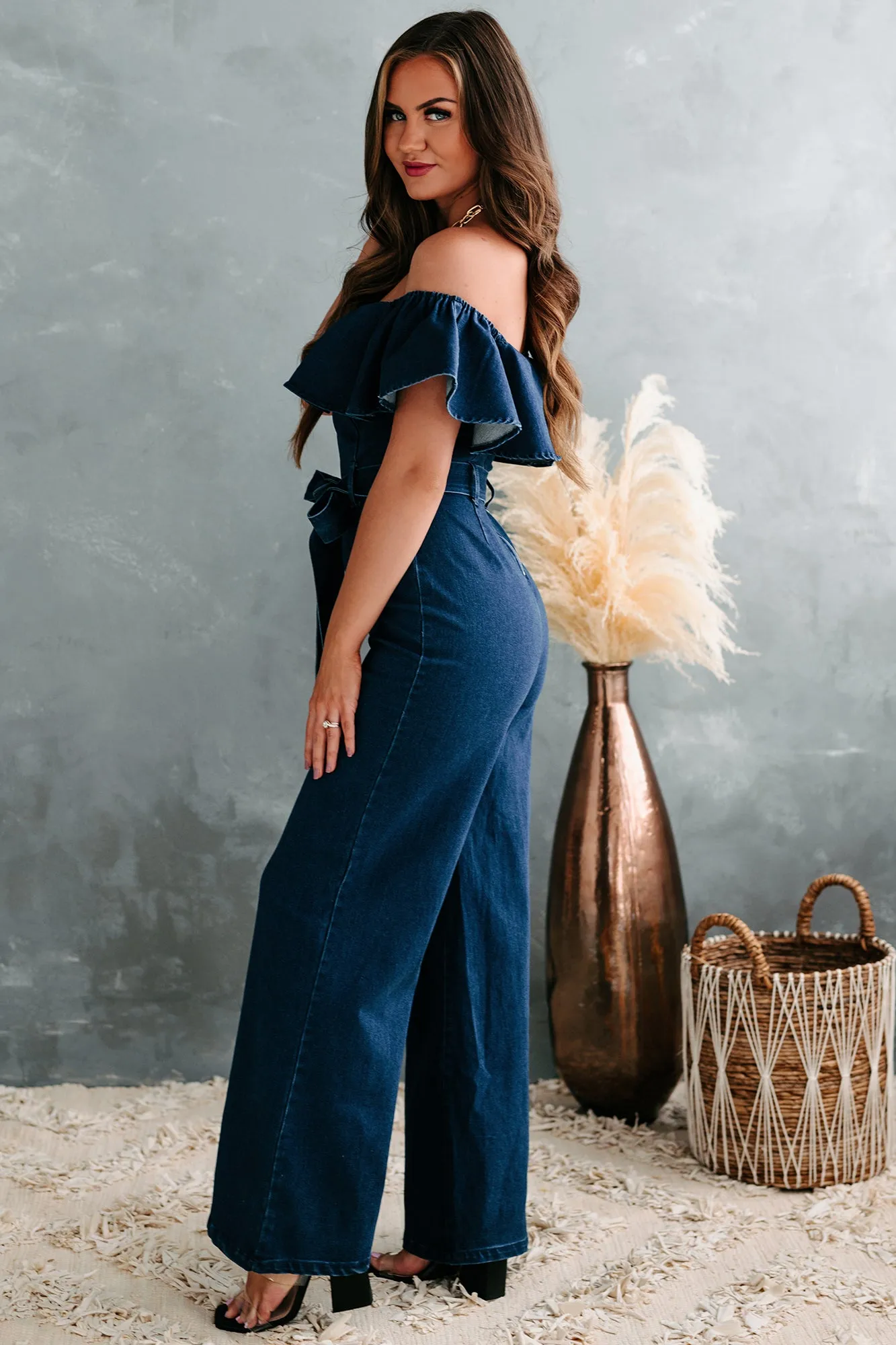 Lilly Off The Shoulder Ruffle Denim Jumpsuit (Indigo)