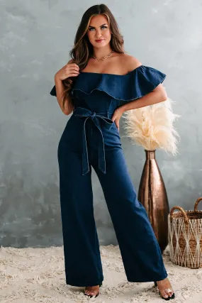 Lilly Off The Shoulder Ruffle Denim Jumpsuit (Indigo)