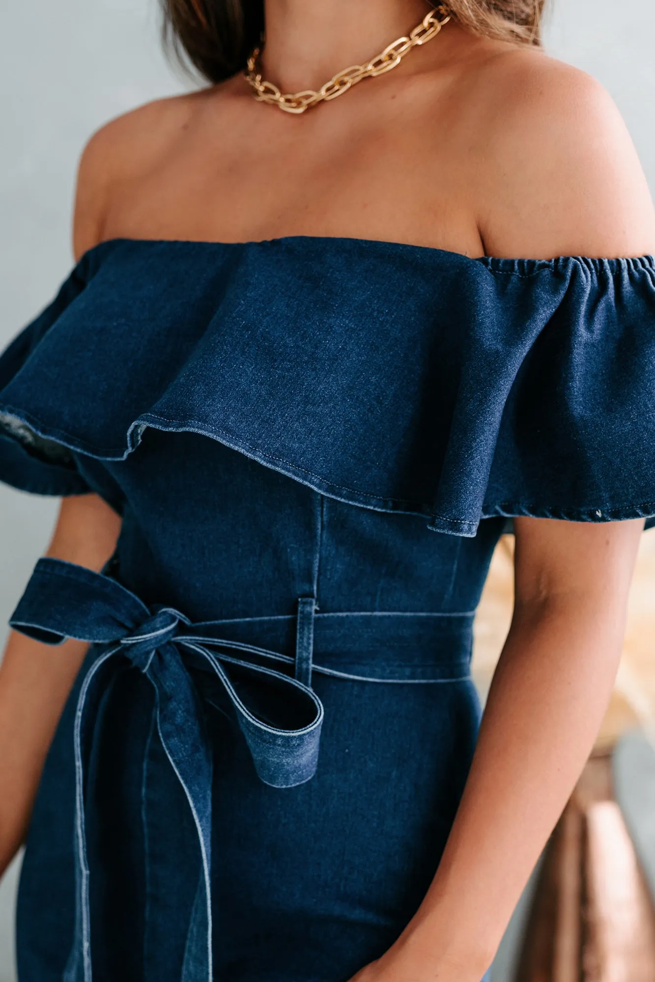 Lilly Off The Shoulder Ruffle Denim Jumpsuit (Indigo)