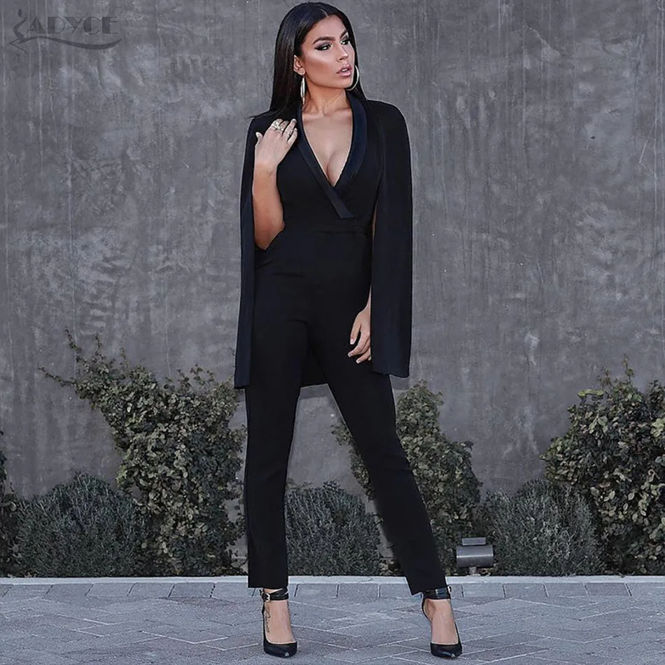 Long Bandage Jumpsuits Rompers Bodysuit Black V Neck Jumpsuit