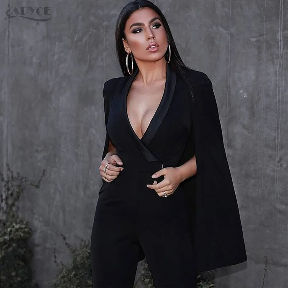 Long Bandage Jumpsuits Rompers Bodysuit Black V Neck Jumpsuit