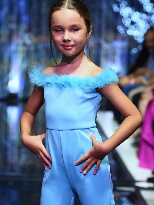 Marc Defang 8185K Girls Pageant Jumpsuit feather neckline off the shoulder