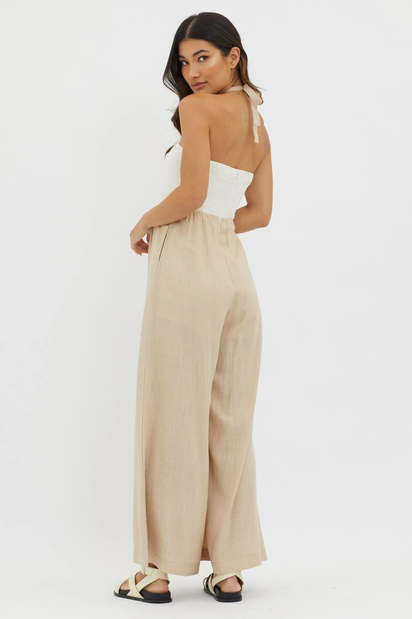 Maryn Wide Leg Halterneck Jumpsuit Beige