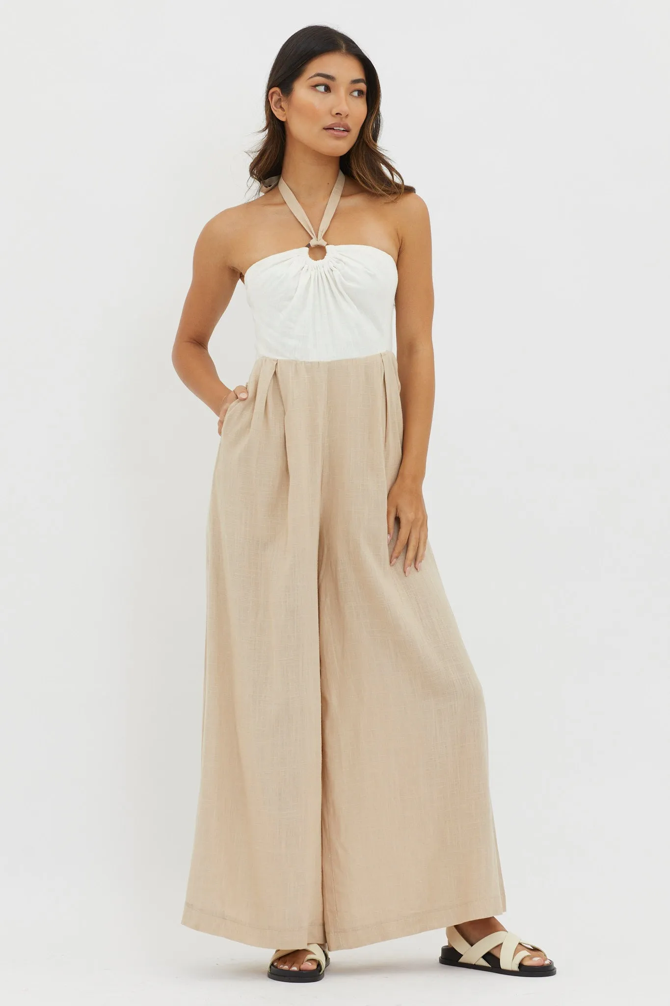 Maryn Wide Leg Halterneck Jumpsuit Beige