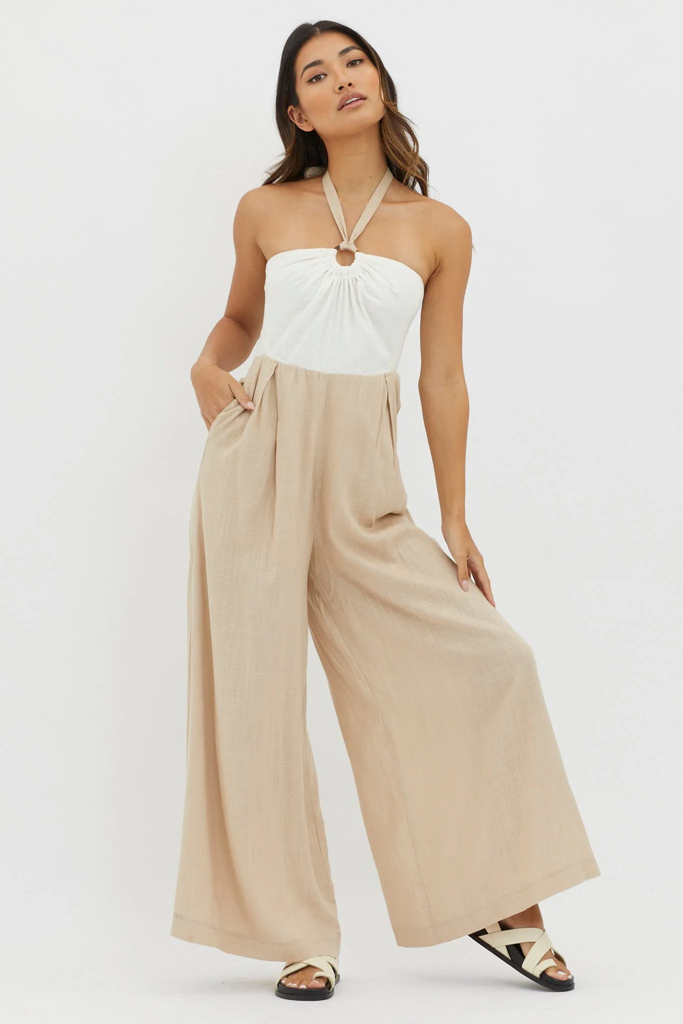Maryn Wide Leg Halterneck Jumpsuit Beige