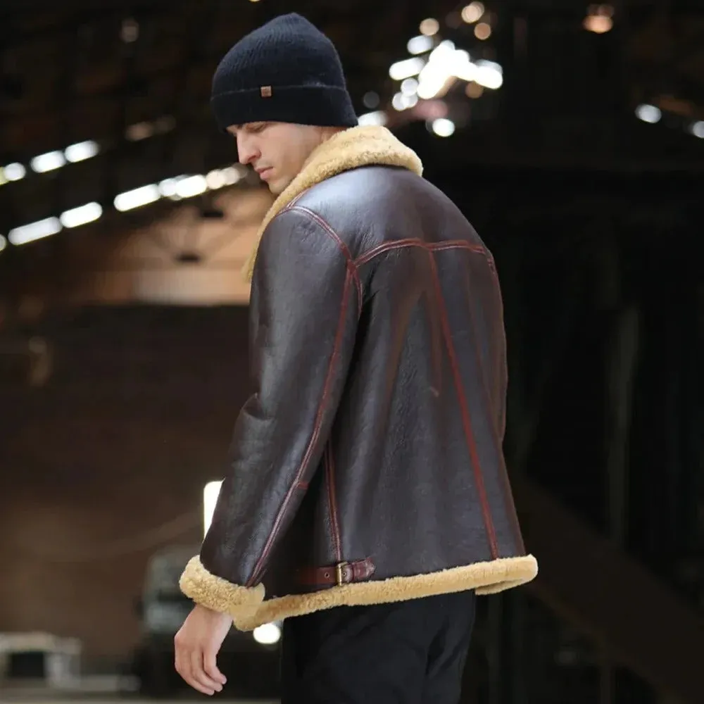 Men's B3 Shearling Leather Bomber Sheepskin Jacket Coat in Brown