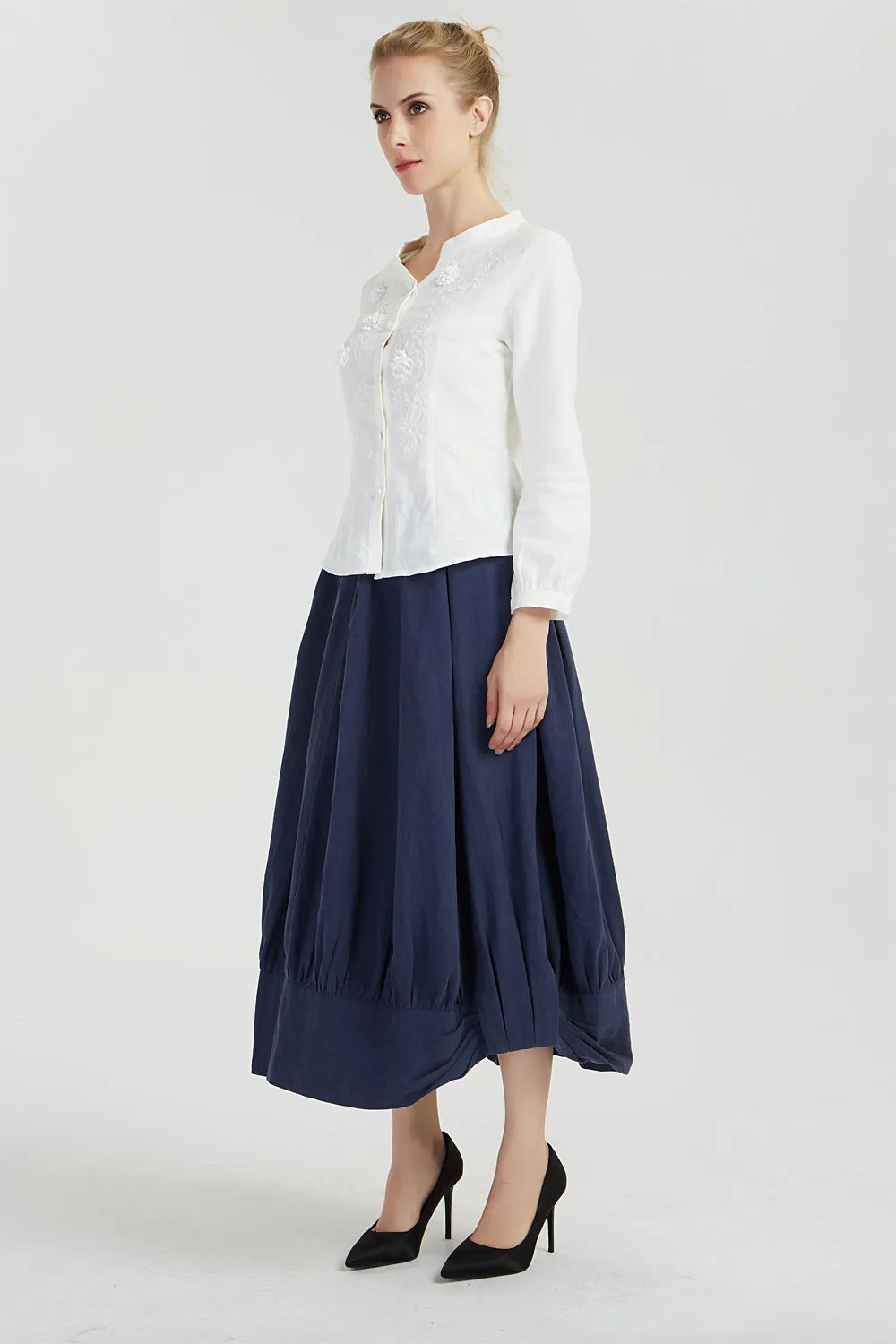 midi blue linen summer skirt for women 2041