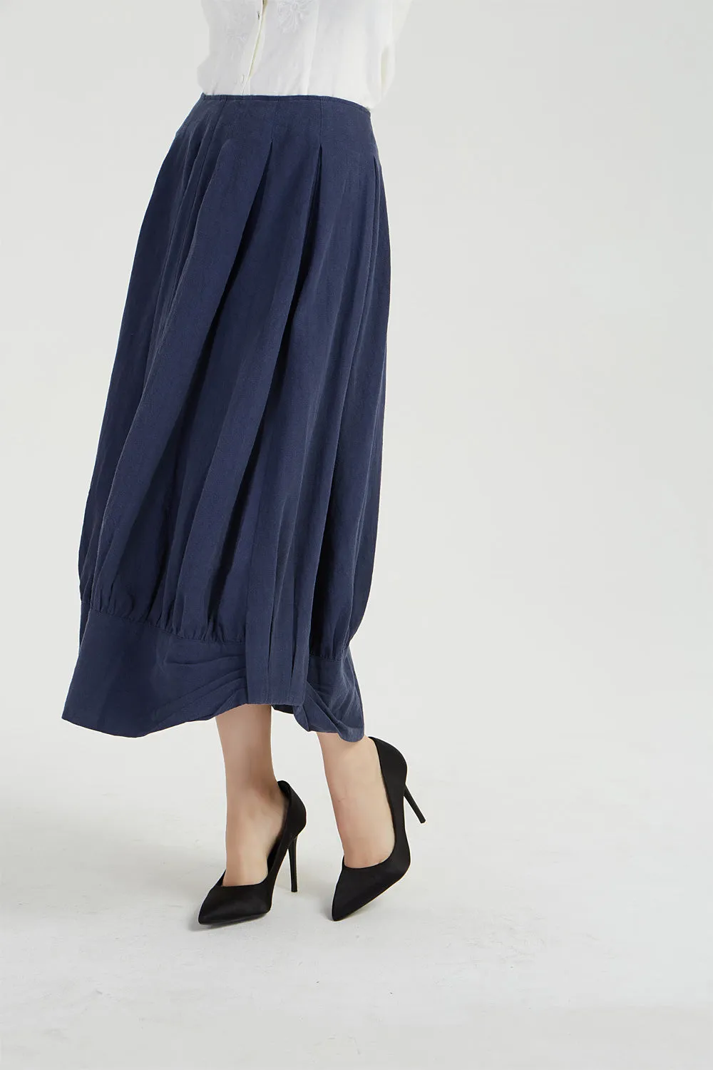 midi blue linen summer skirt for women 2041