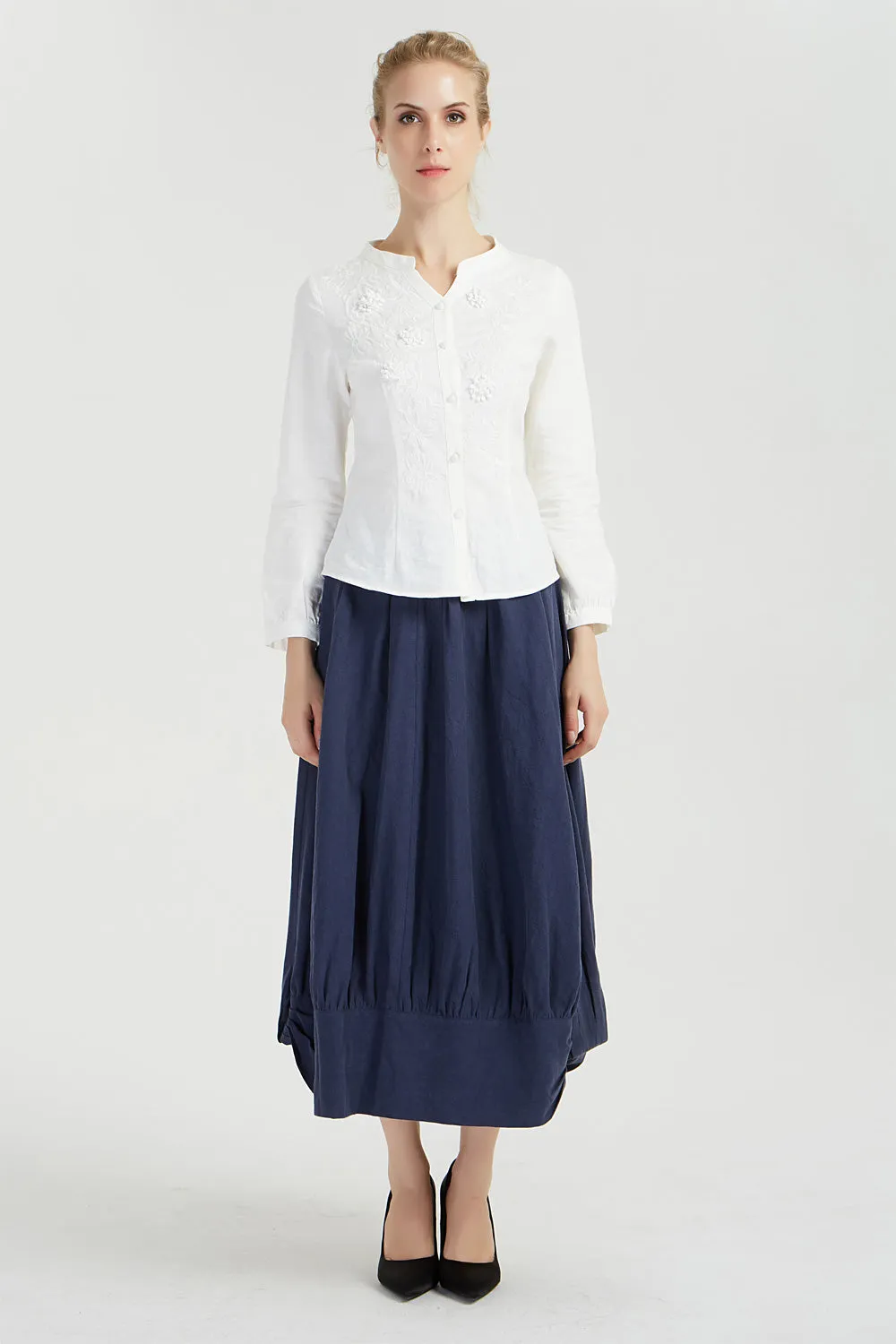 midi blue linen summer skirt for women 2041