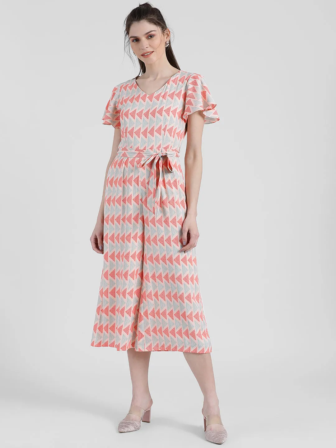 Multi Colored Geometric Print Flared Sleeve Jumpsuit