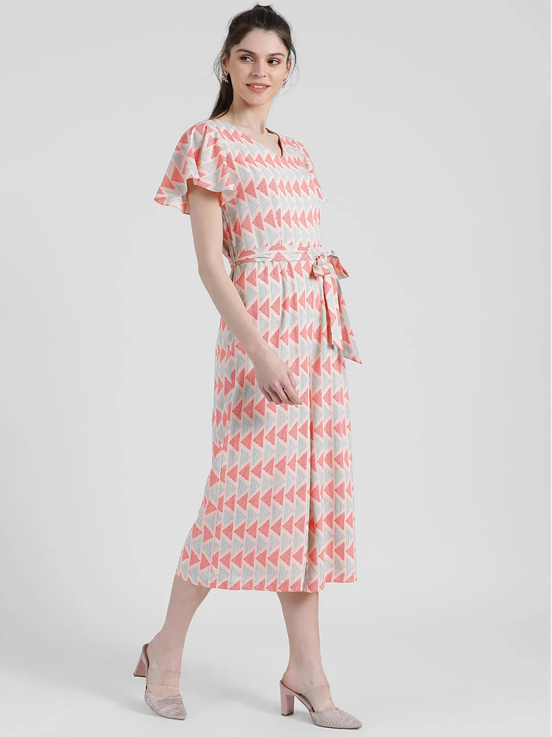 Multi Colored Geometric Print Flared Sleeve Jumpsuit