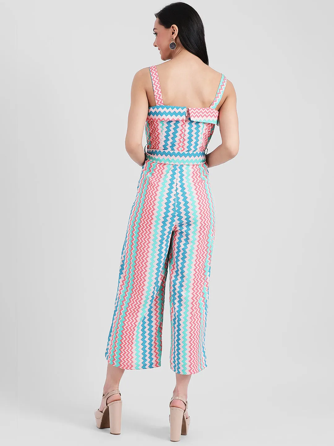 Multi Colored Geometric Print Strappy Jumpsuit