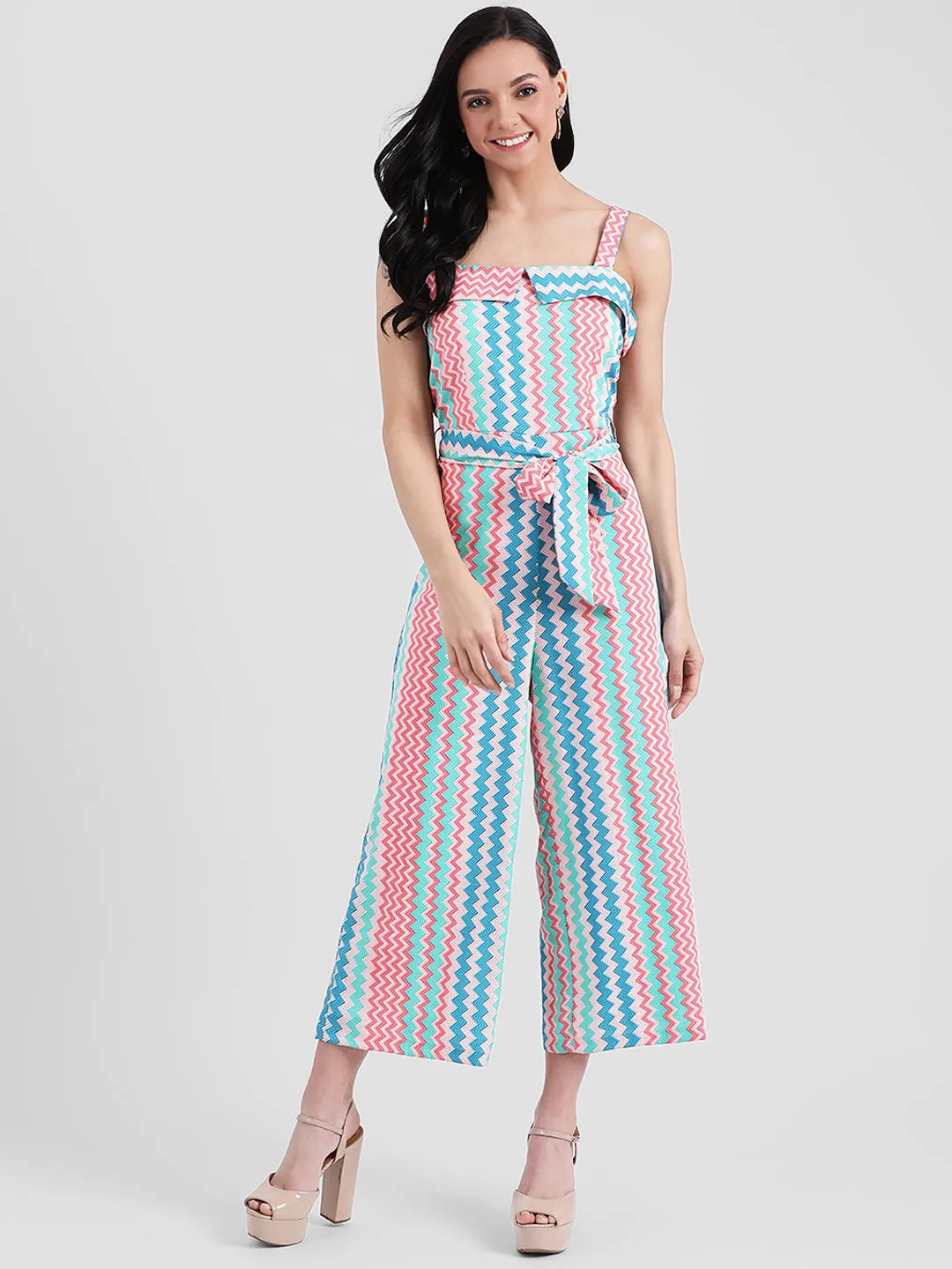 Multi Colored Geometric Print Strappy Jumpsuit