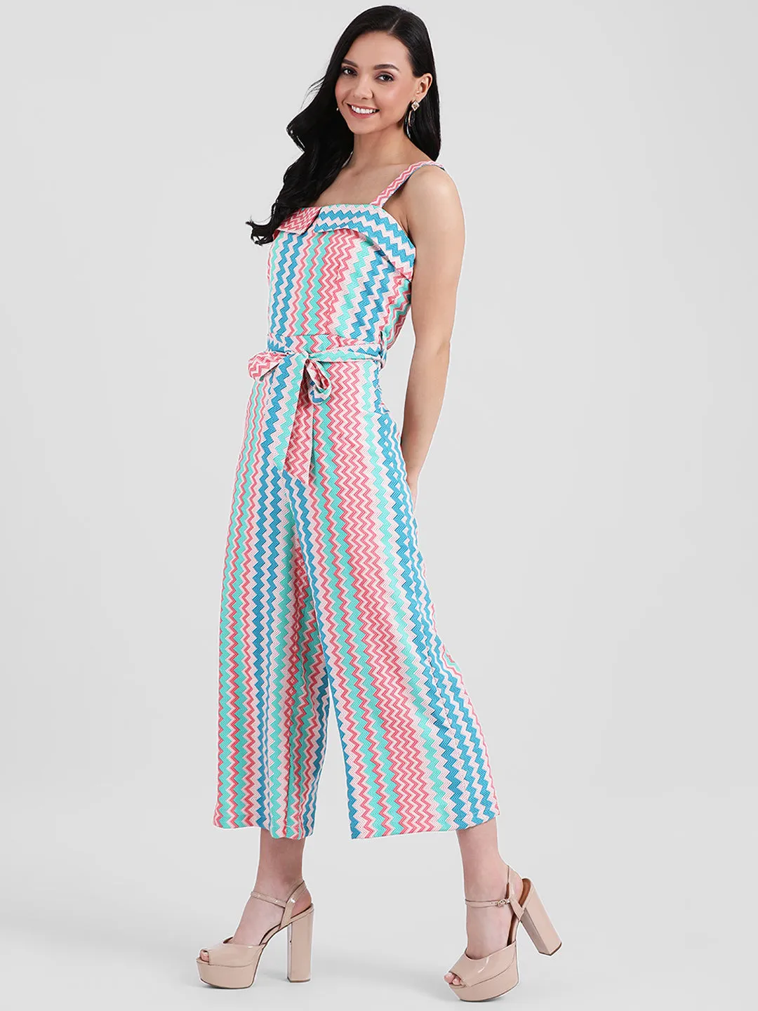 Multi Colored Geometric Print Strappy Jumpsuit
