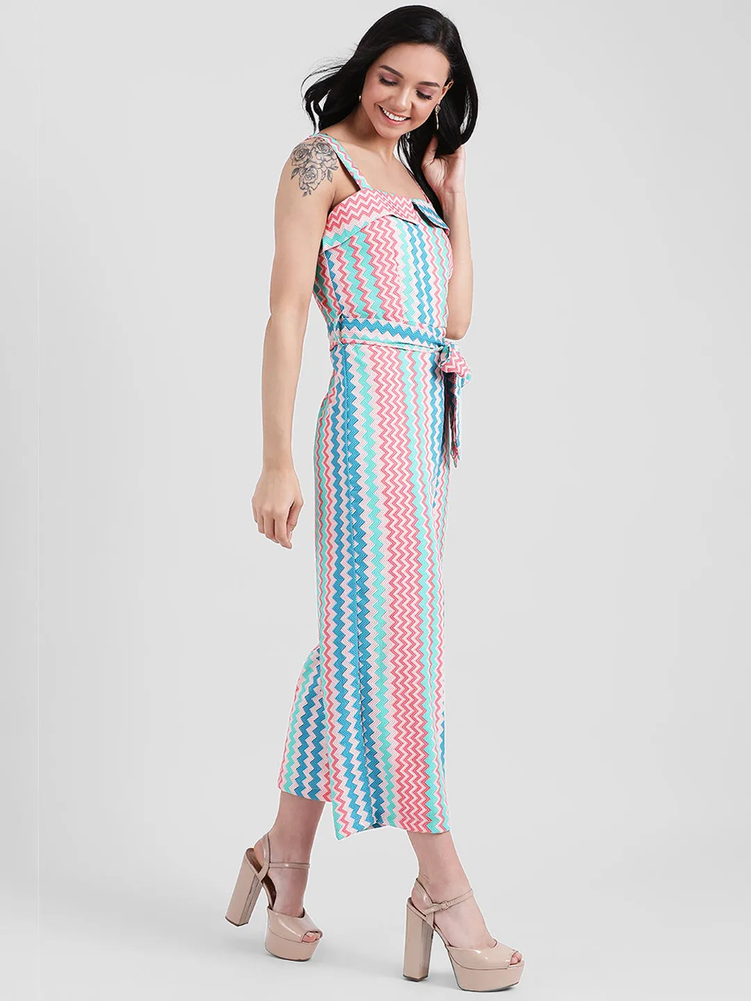 Multi Colored Geometric Print Strappy Jumpsuit
