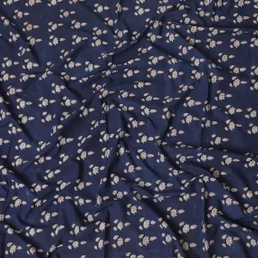 Navy blue organic cotton fabric with beige and chocolate brown print in fancy design-D13874