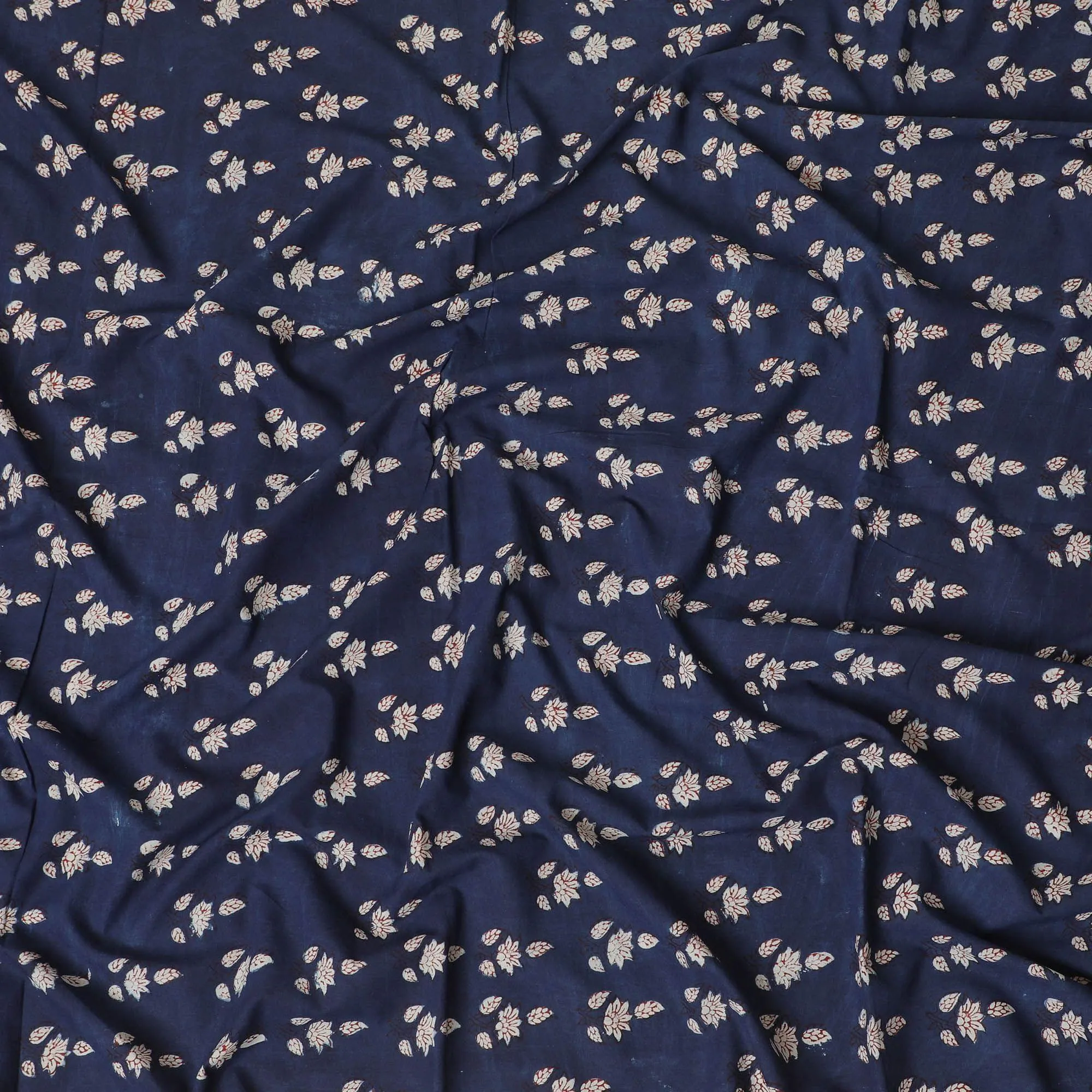 Navy blue organic cotton fabric with beige and chocolate brown print in fancy design-D13874