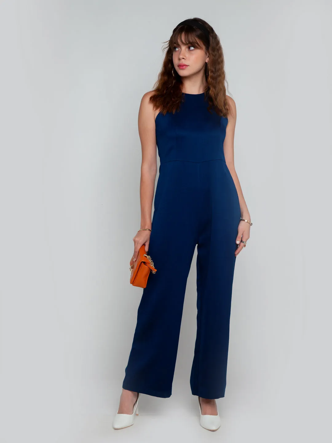 Navy Blue Solid Straight Jumpsuit