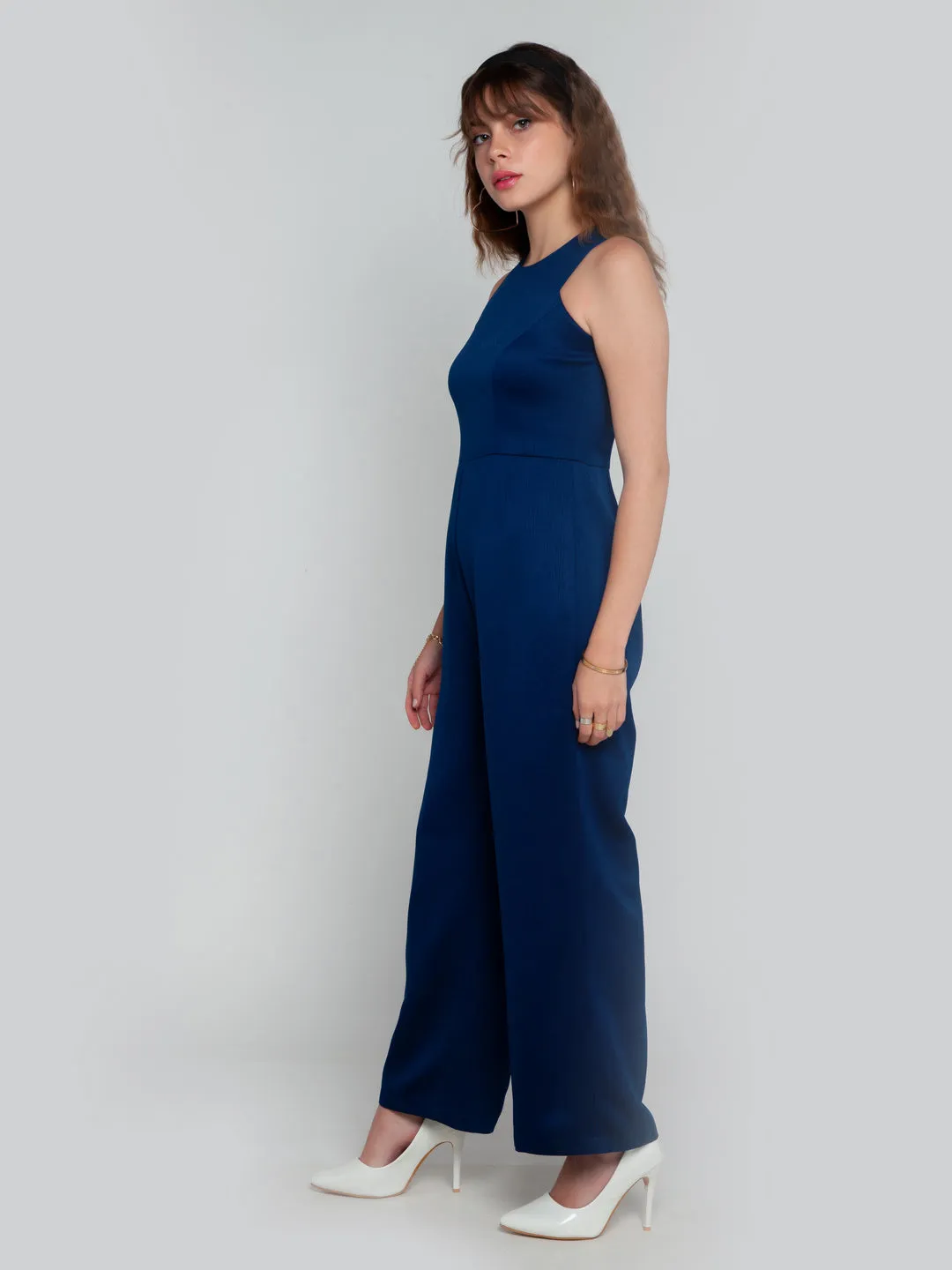 Navy Blue Solid Straight Jumpsuit