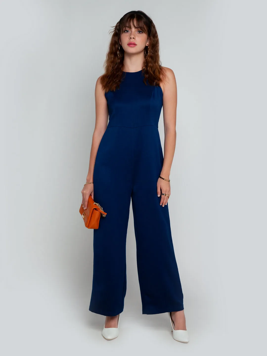 Navy Blue Solid Straight Jumpsuit