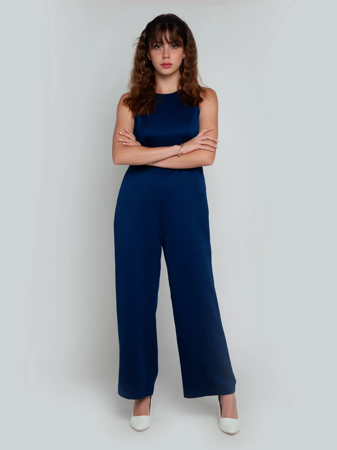 Navy Blue Solid Straight Jumpsuit