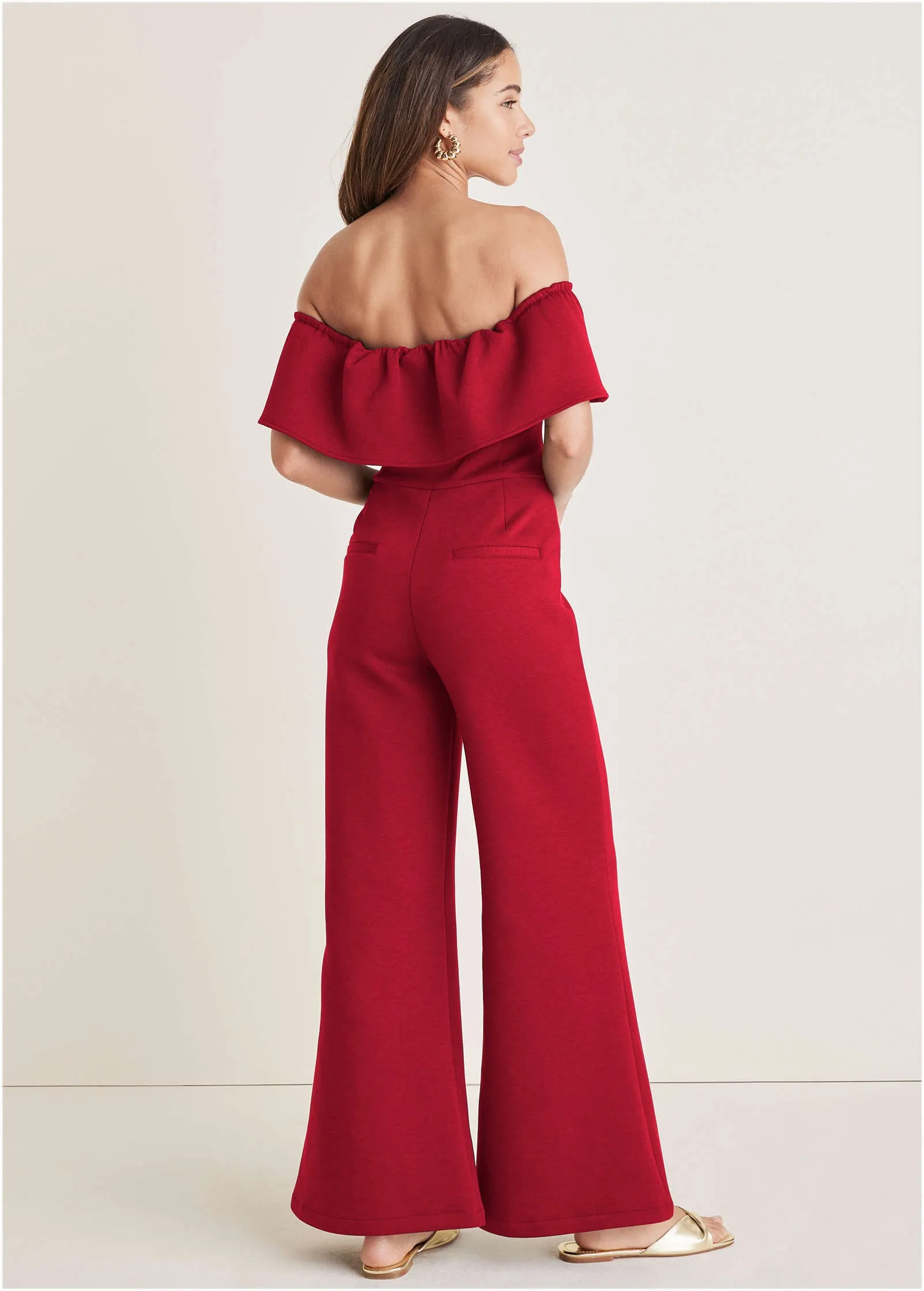 Off The Shoulder Jumpsuit - Haute Red
