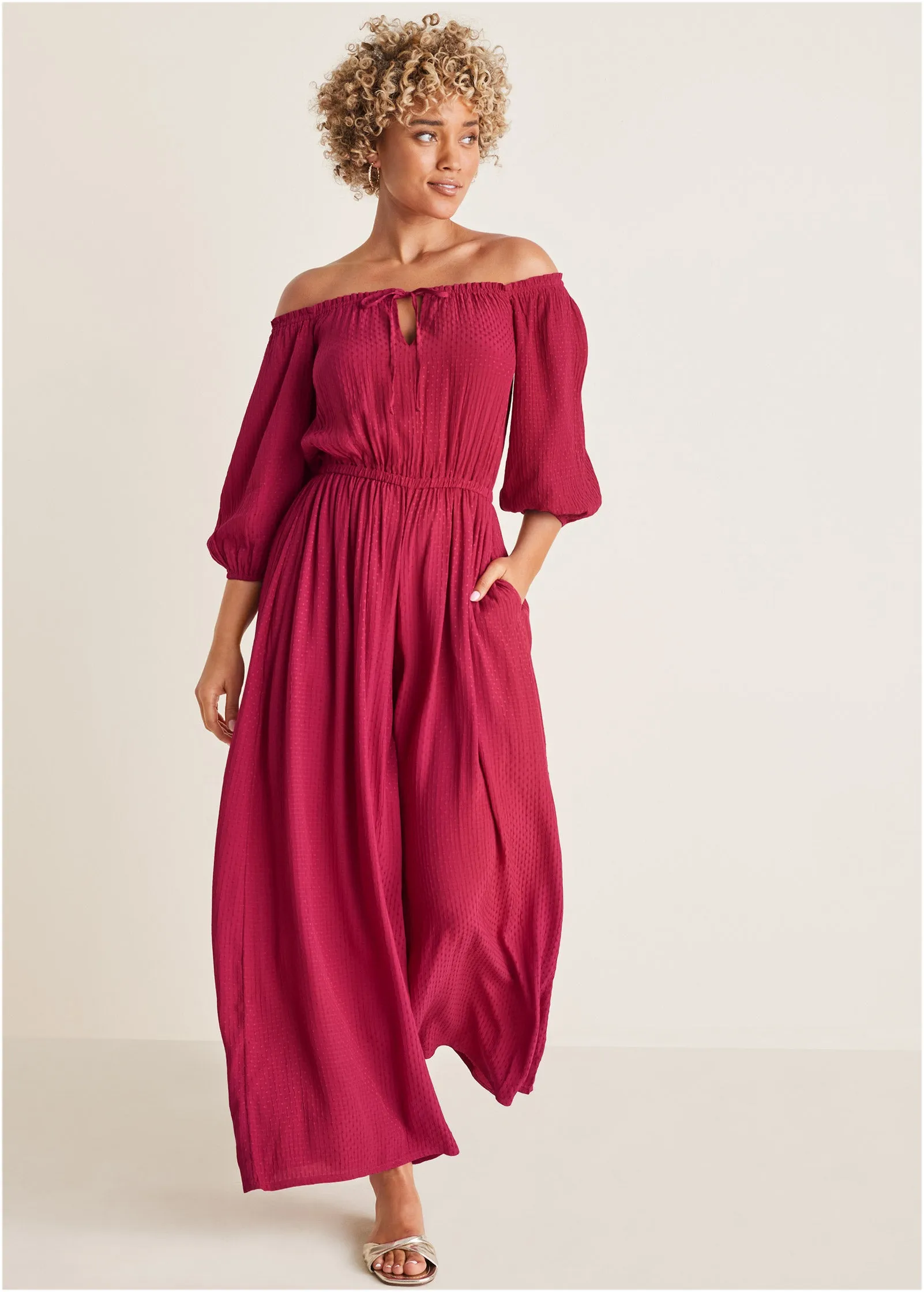 Off-The-Shoulder Jumpsuit - Red