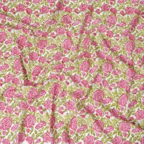 Off white organic cotton fabric with sage green and taffy pink screen block print in floral design-D10278