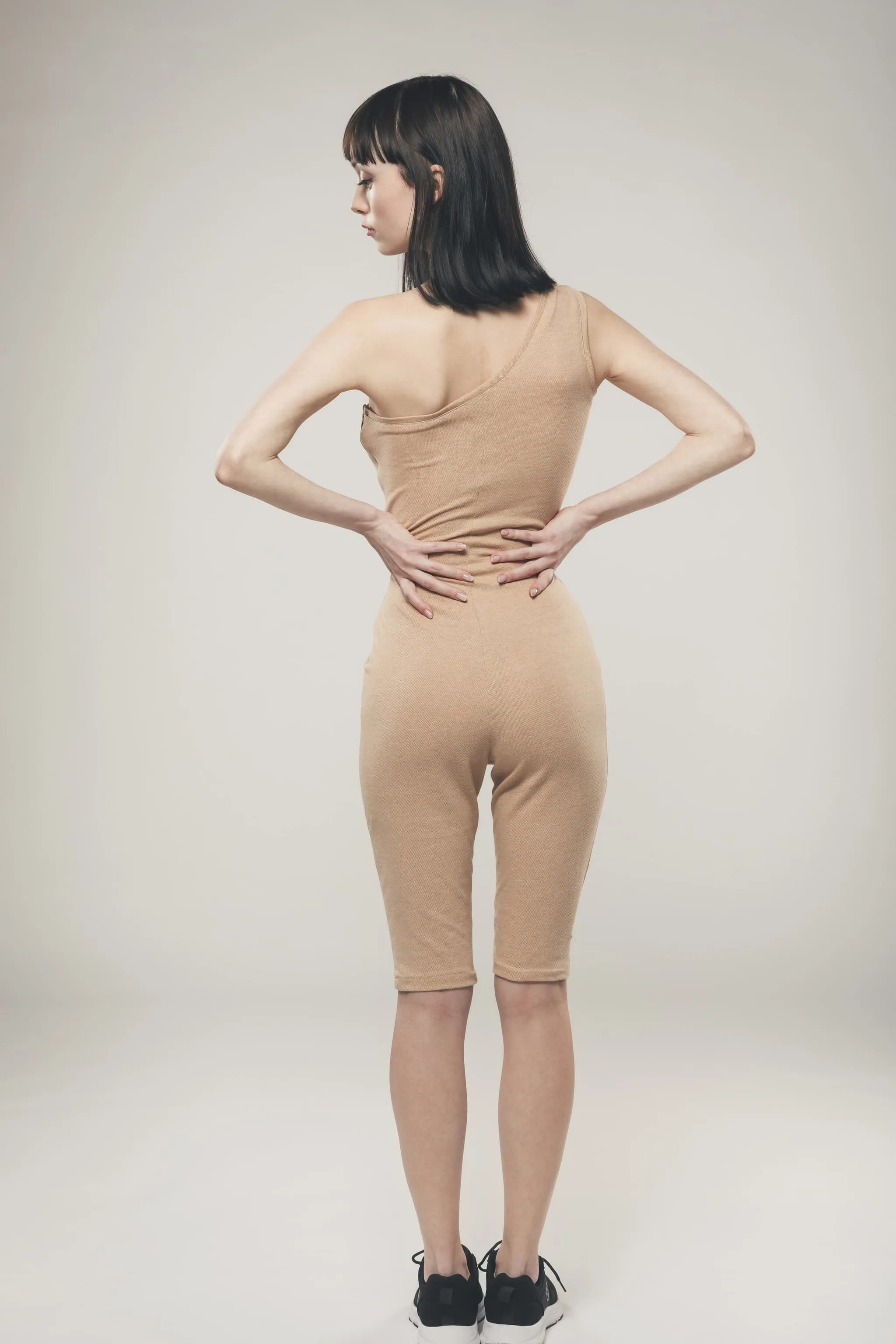 Organic Cotton One Shoulder Cycling Jumpsuit | Light Brown