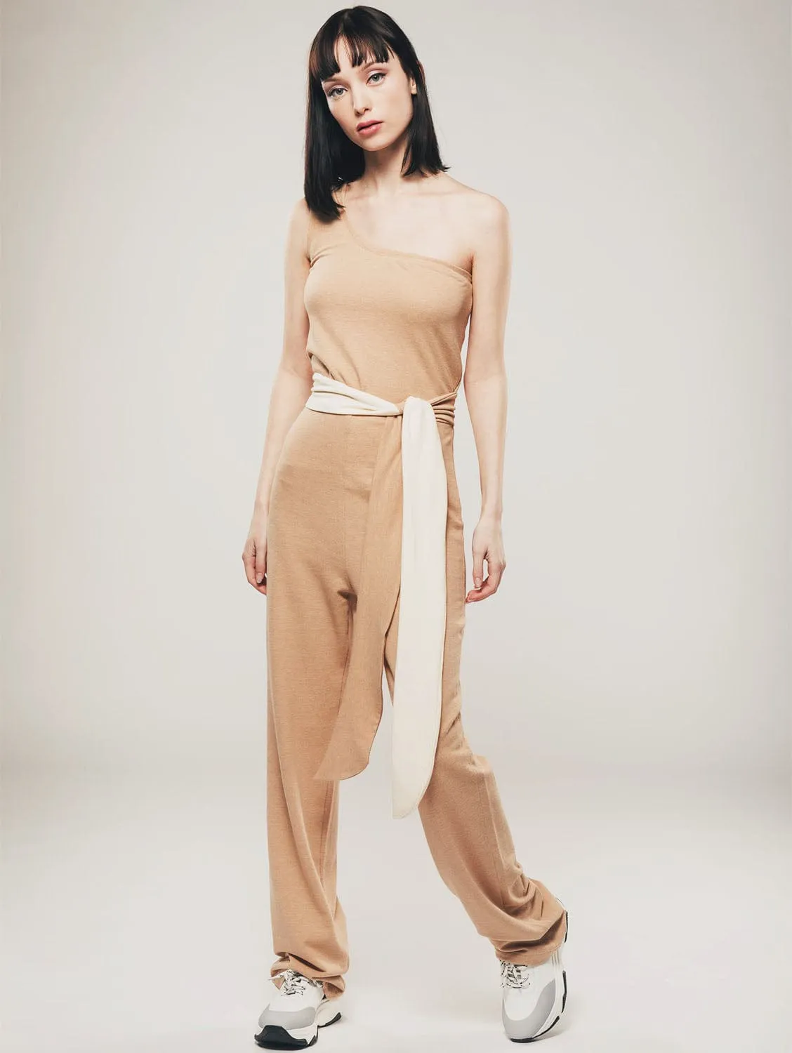 Organic Cotton One Shoulder Jumpsuit | Light Brown