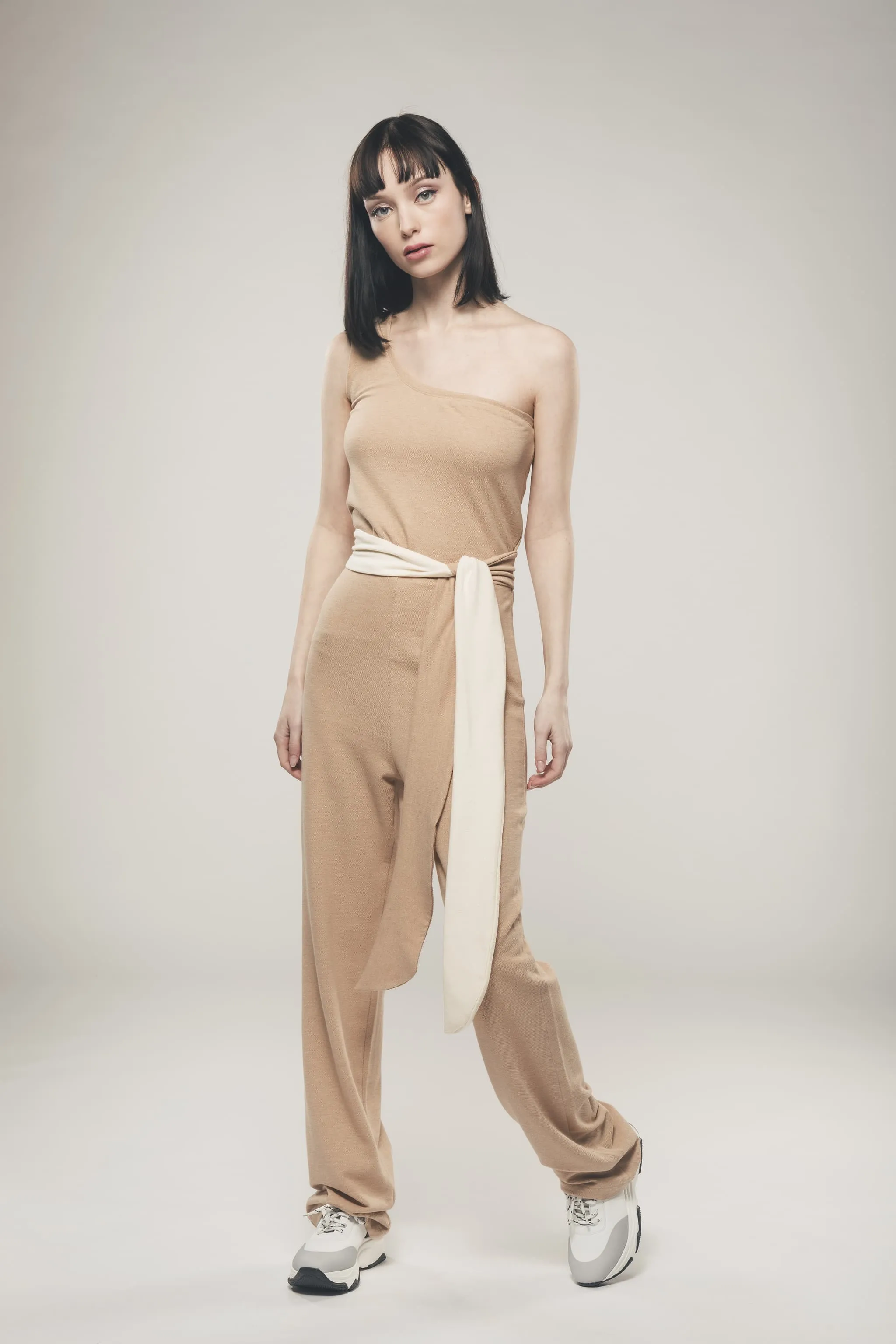 Organic Cotton One Shoulder Jumpsuit | Light Brown