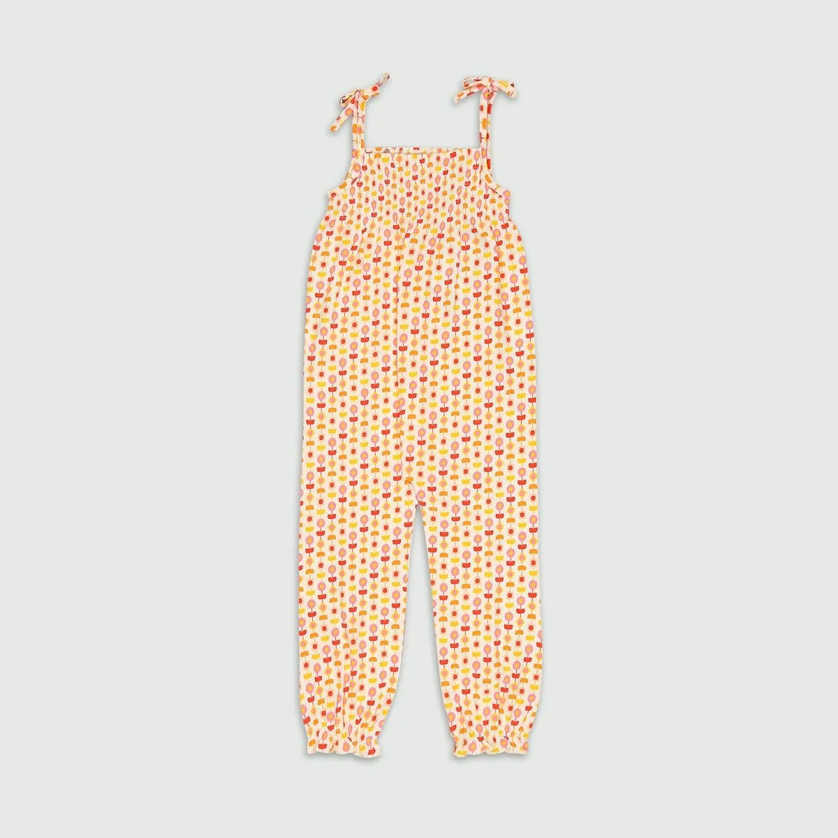 Organic Cotton Smocked Jumpsuit- Indian Flora White