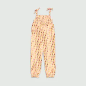 Organic Cotton Smocked Jumpsuit- Indian Flora White