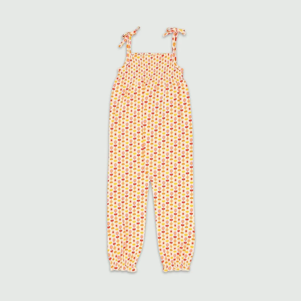 Organic Cotton Smocked Jumpsuit- Indian Flora White