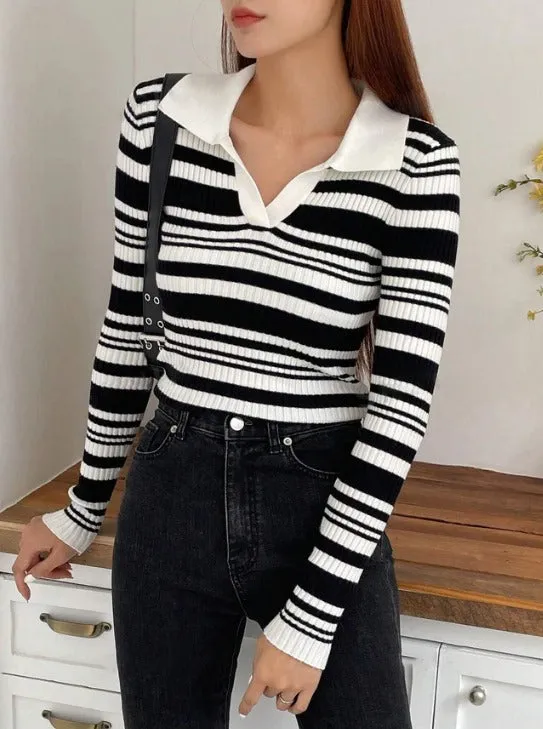 Parien Striped Pattern V-collar Ribbed Knit Sweater