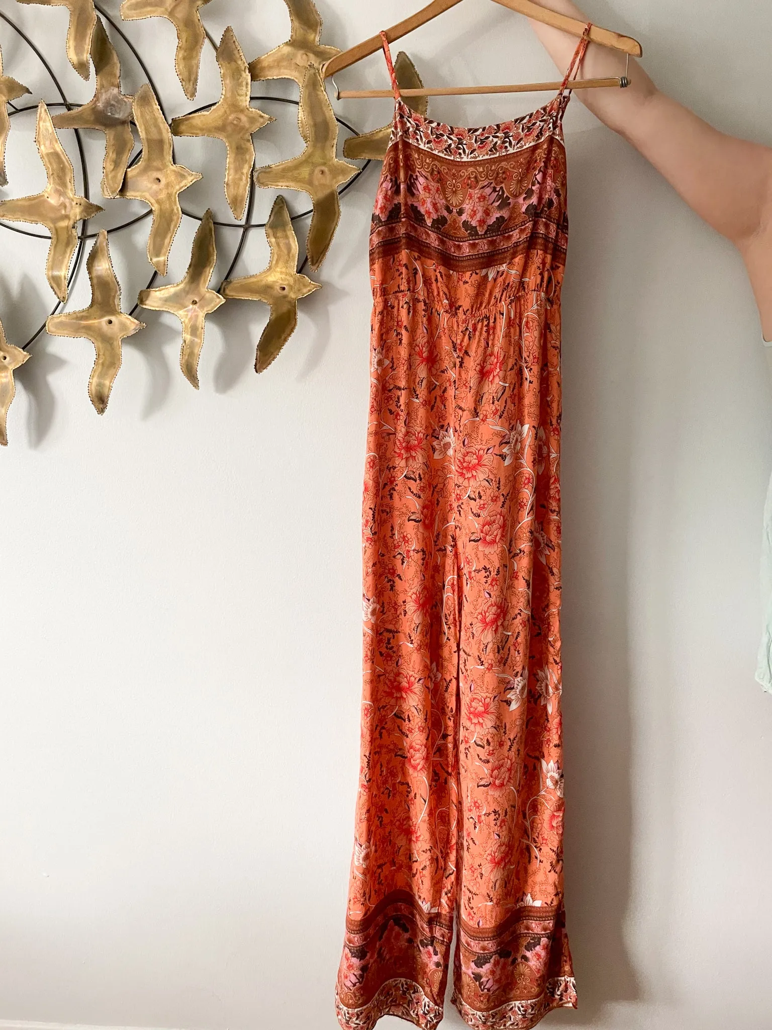 Pastel Orange Floral Wide Leg Jumpsuit - Small