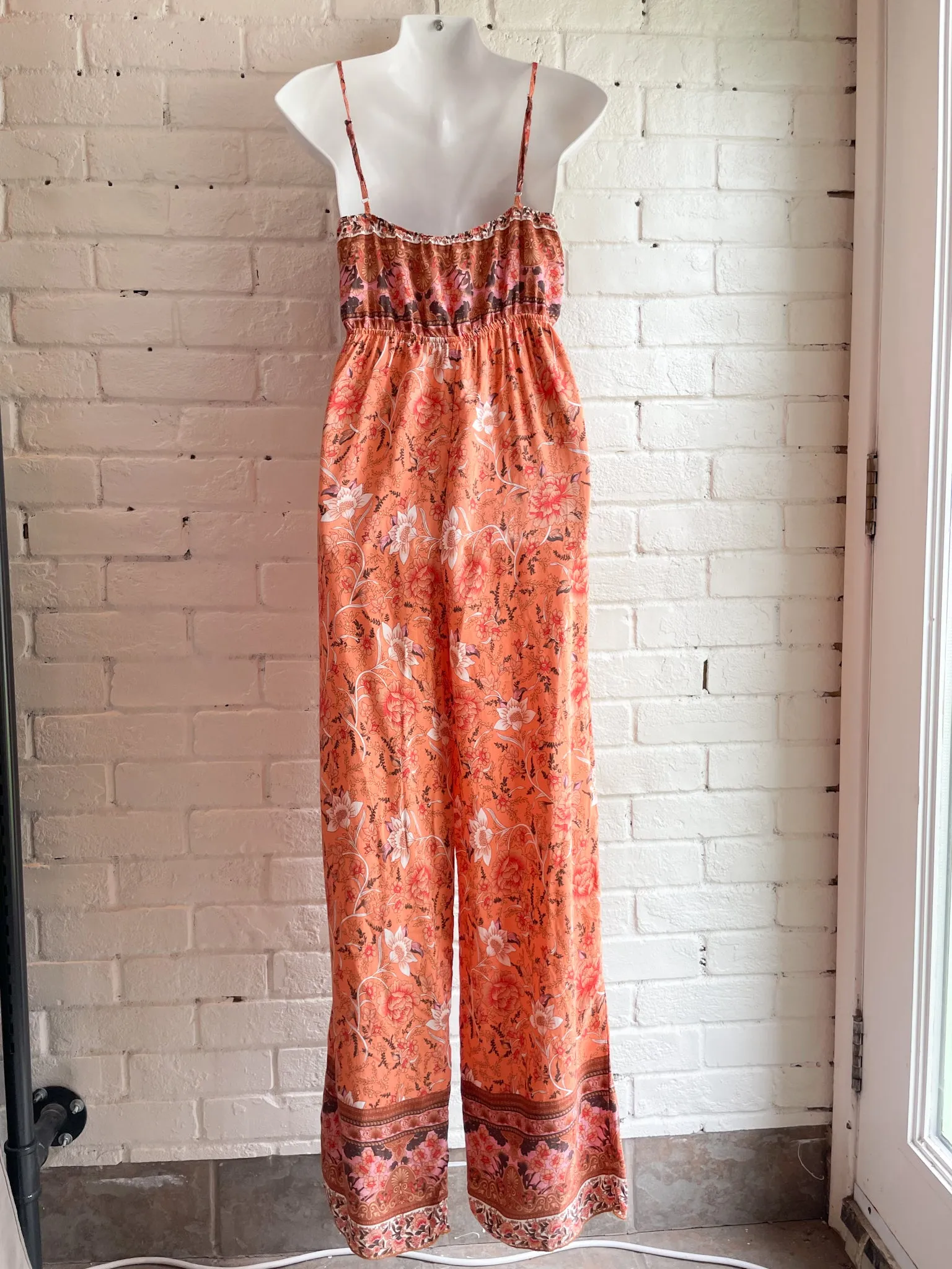 Pastel Orange Floral Wide Leg Jumpsuit - Small