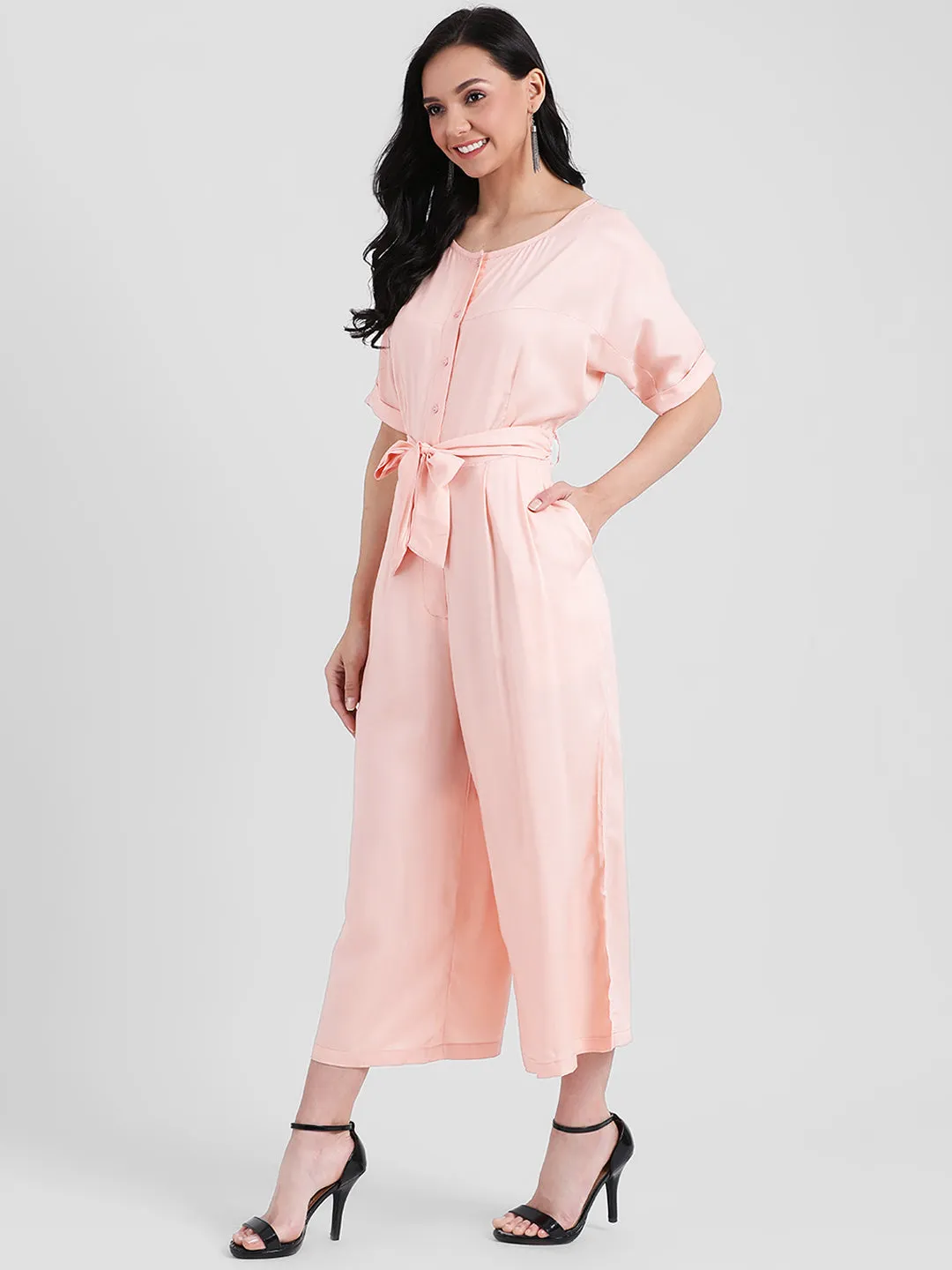 Peach Solid Basic Jumpsuit