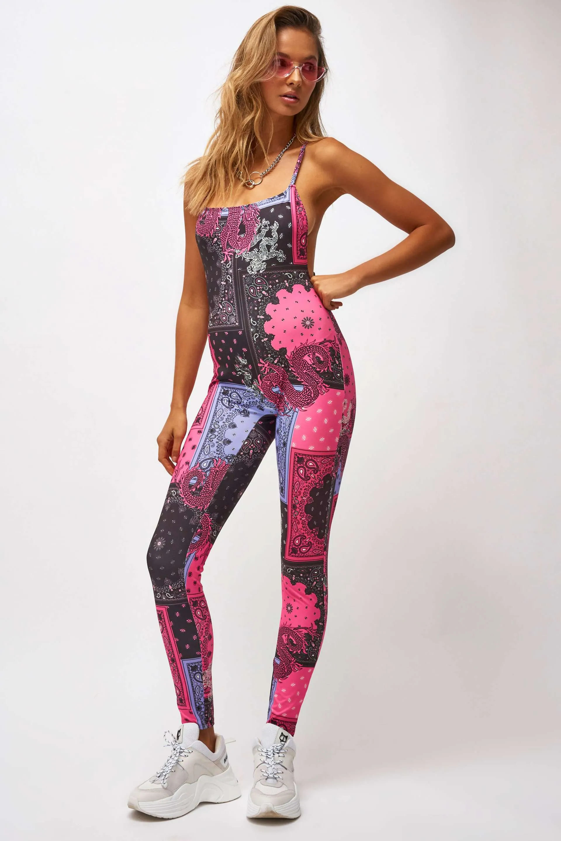 Pink & Purple Bandana Print Square Neck Catsuit