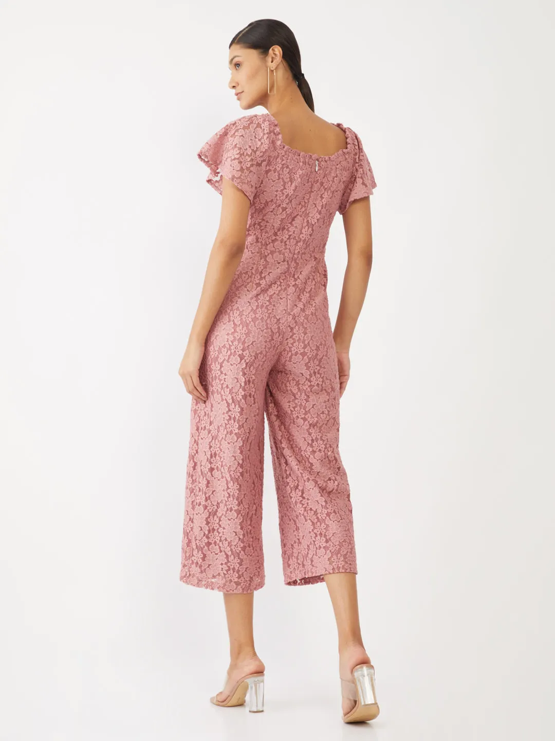 Pink Lace Off-shoulder Jumpsuit
